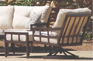 outdoor sofa and chair, dark brown with cream colored cushions